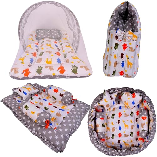 Image of Kwitchy Baby Bedding Set New Born Baby Bed | Mattress | Mosquito Net | Gadda Set | Bed | Cotton | Essential Combos | Gift Pack | Boys & Girls (0-6 Months, Grey) (4PCS Set)