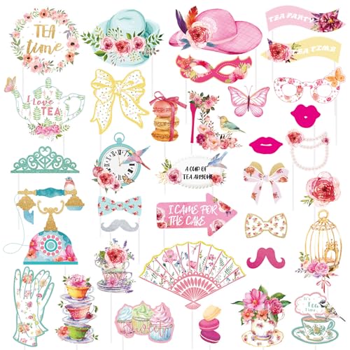SUNBEAUTY 36 Pcs Tea Party Photo Booth Props - Pink, White, Green - Floral Pattern - Paper Material - Perfect for Parties