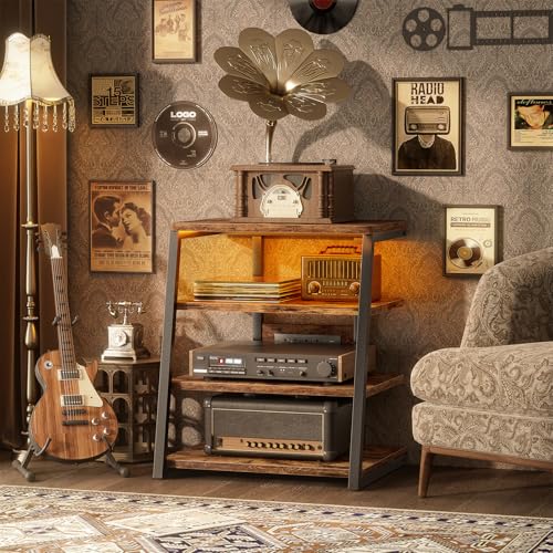 AV Media Stand with Outlets, Media Console with LED Lights, Stereo Racks and Stands with Storage Shelves, Media Audio Tower Cabinet, Rustic Brown - Image 3