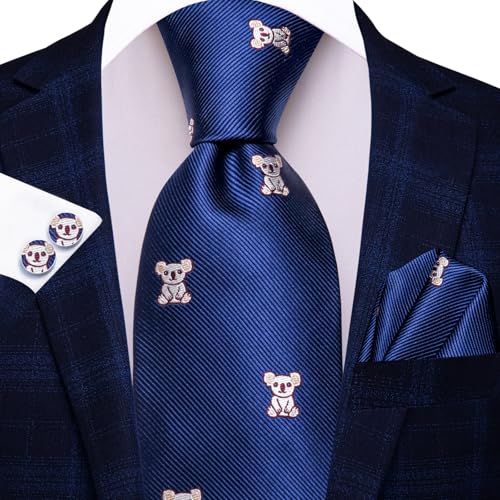 Image of Hi-Tie Men Blue Koala Neck Ties Sets Silk Jaquard Funny Necktie Pocket Square Cuff-links Sets Wedding Business Holiday