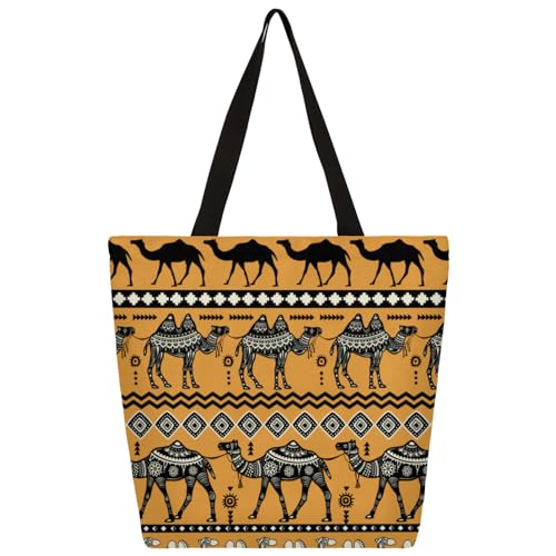Mularoka Vintage Camel Hand Painting Large Capacity Canvas Tote Bag Stylish Handheld Shoulder Bag Reusable Shopping Bag for Work Travel Beach Trips Shopping