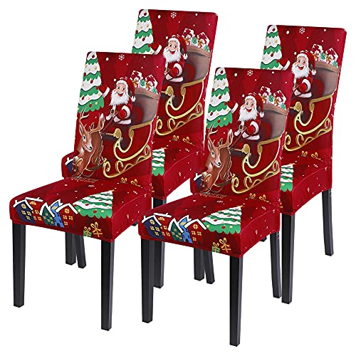 Image of SearchI Christmas Chair Covers Set of 4, Stretch Xmas Kitchen Chair Cover Removable Washable Holiday Parsons Chair Slipcovers for Dining Room, Christmas Decoration, Ceremony(Santa Claus+Elk)