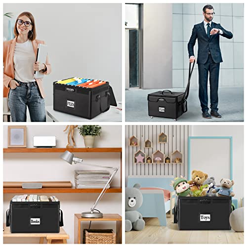 File Box With Wheels, Fireproof Document Box With Lock, Collapsible Rolling File Cabinet With 5 Tabs & Inserts For Office Home, Portable File Storage Organizer For Hanging Letter/Legal Folder, Black #TOP6
