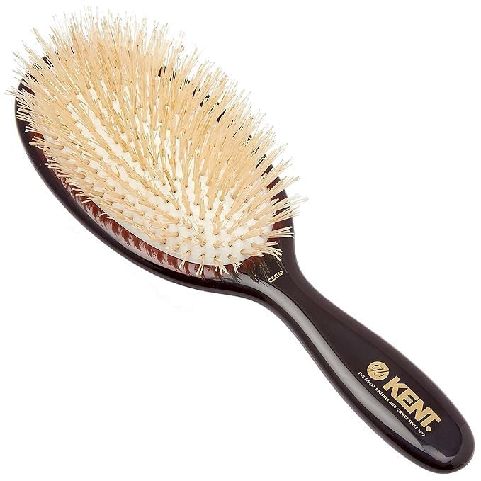CSGM 7.75" Classic Shine Medium Oval Cushion Straightening Brush and Hair Detangler - Soft White Boar Bristle Hair Brush - Shine Hair Brush and Scalp Scrubber for Mid-Length Fine or Thinning Hair