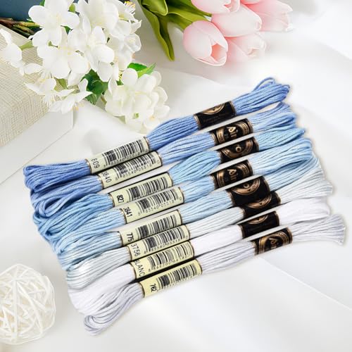 Image of 70 Yards 8 Skeins Gradient 6 Strands Light Sky Blue Variegated Cross Stitch Floss Polyester Embroidery Thread String Friendship Bracelets Threads Set for Hand Sewing Making Knitting Supply