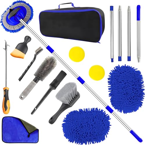 Balai de Lavage de Voiture avec Long Manche, Brosse de Lavage de Voiture de 155 cm avec poignée télescopique, kit de Nettoyage 2 en 1 Chenille en Microfibre Chenille...