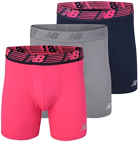 New Balance Men's 6" Boxer Brief Fly Front with Pouch, 3-Pack,Pink Zing/Pigment/Steel, Large (36"-38")