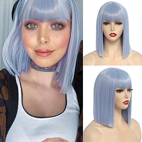 Monikahair Short Bob Wig with Bangs Light Blue Cute Synthetic Wigs Colorful Wigs for Women Cosplay Daily