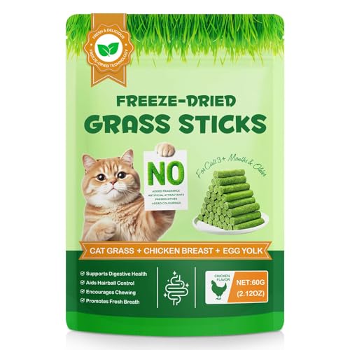 Cat Grass Sticks 60G Freeze Dried Grain-Free Cat Treats for Indoor Cats Gentle Digestive Support & Hairball Control Lickable Edible Snack Dental Chews to Encourage Chewing