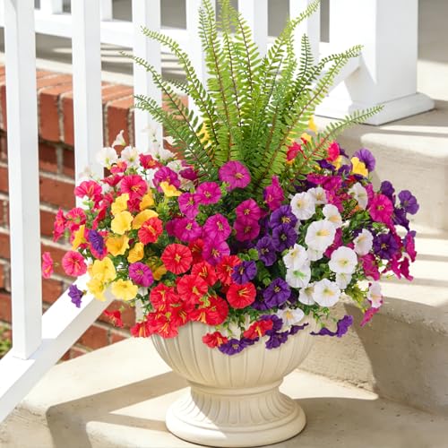 Image of Artificial Flowers Fake Plants for Outdoors Decoration, 12 Bundles Silk Morning Glory with Boston Fern Realistic UV Resistant Faux Flowers for Outside Planter Yard Patio Garden Home Indoor Urn