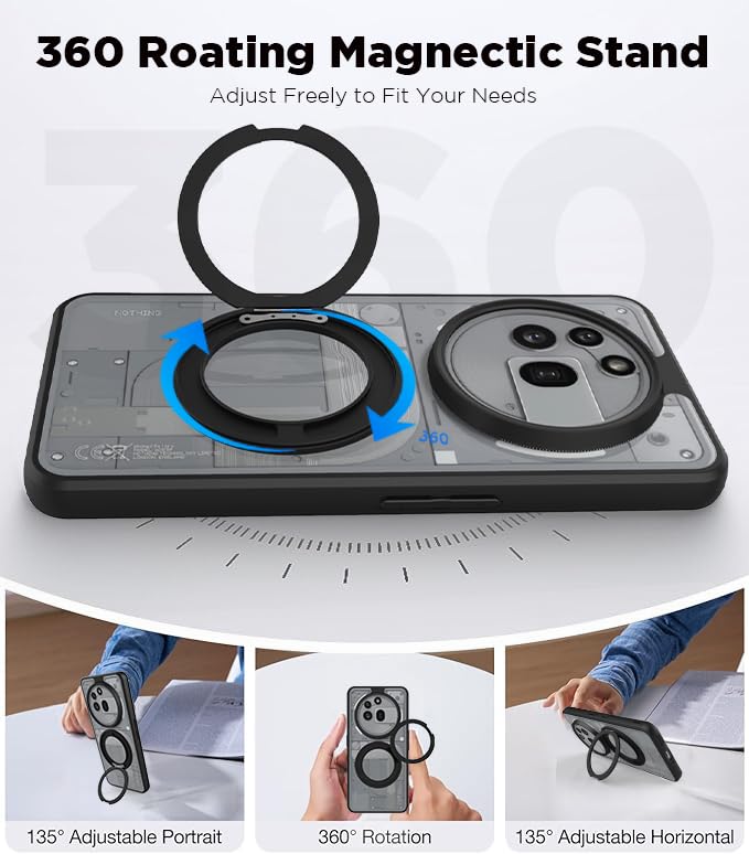 Image of RIGGEAR Shockproof Sleek Hybrid Armor 360 Rotating Magnetic Ring Stand Back Cover Case Compatible with MagSafe Accessories for Nothing Phone 3a Pro (Clear PC + Black TPU Bumper)