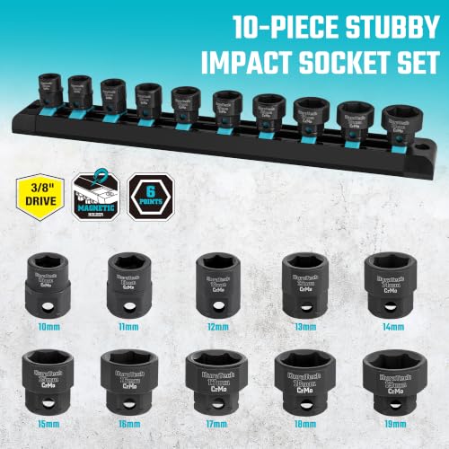 Image of DURATECH 10-Piece 3 /8 inch Drive Stubby Impact Socket Set for Narrow Spaces | 10mm-19mm, Metric, Cr-Mo Steel, Size Markings, for Tight Spaces, Organized in Magnetic Storage Rail, for Automotive Repairs