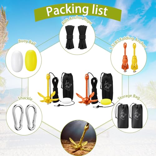 Image of Lounsweer 2 Pack 1.5 /3.5 lb Marine Kayak Anchor Kit Folding Grapnel Anchor Kit Boat Kayak Fishing Accessories for Small Boats Kayaks Canoe Paddle Boards