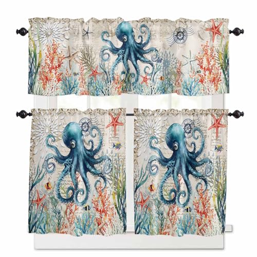 Coastal Octopus Kitchen Curtains 24 Inch Length, 3 Piece Rod Pocket Small Half Tiers and Valance Set, Summer Nautical Coral Fish Starfish Small Large Window Treatment Decor for Bedroom/Bathroom Sink