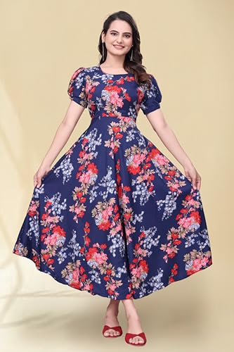 Image of Women's A-Line Crepe Maxi Dress | Stylish Fit and Flare Dress with Round Neck Short Puff Sleeves for Casual Wear