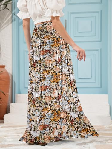 Womens Maxi Skirt High Waist Smocked Boho Flowy Print Casual Floral Long Skirts2