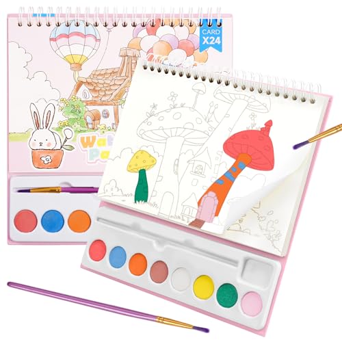 AYESY Acquerello Libro da Colorare, 24Immagini Dipingi con Libri ad Acqua per Bambini Piccoli Libro da Disegno con Pennelli per Acquerelli e Polvere Colorata Pittura ad Acquerello Libro Fogli Mobili B