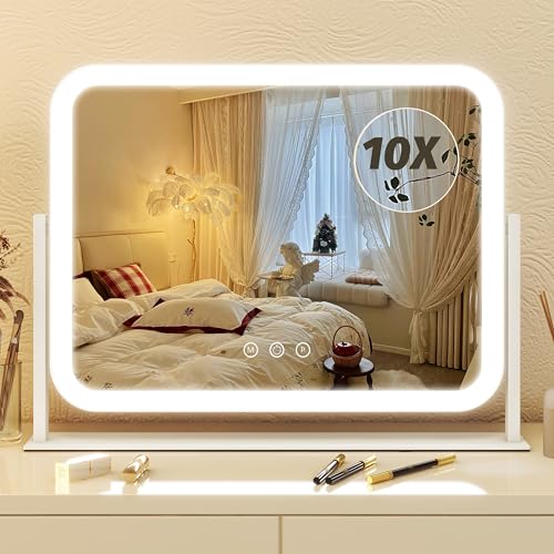 FENNIO Vanity Mirror with Lights 17x13 Makeup Mirror with Lights Vanity Mirror Touch Screen with 3-Color Lighting Dimmable for Vanity Desk Tabletop White