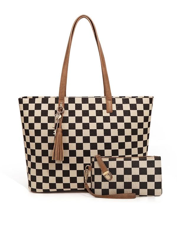 Bolso tote grande a cuadros para mujer miniatura 1