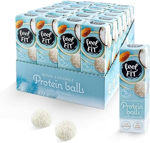 Feel FIT Zuckerfreie Kokos-Pralinen mit Mandeln á 27 g, Zuckerfreie Snack, Protein Balls mit Kokosraspeln
