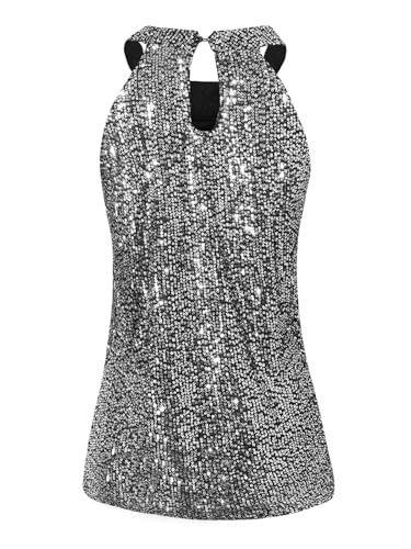 Sparkly Sequin Tops for Women Halter Tank Top Shiny Glitter Club Disco Outfit Sleeveless Dressy Shirt Blouse2