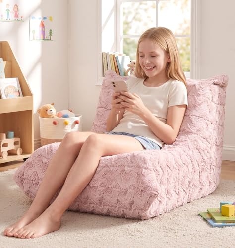 Image of Hobestluk Medium Bean Bag Chair Faux Fur Fabric BeanBag Couch for Playroom | Pink Chevron,Ergonomic Design,Memory Foam,Strong Supportive,No Assembly Required,Decorative Style for Living Room Bedroom