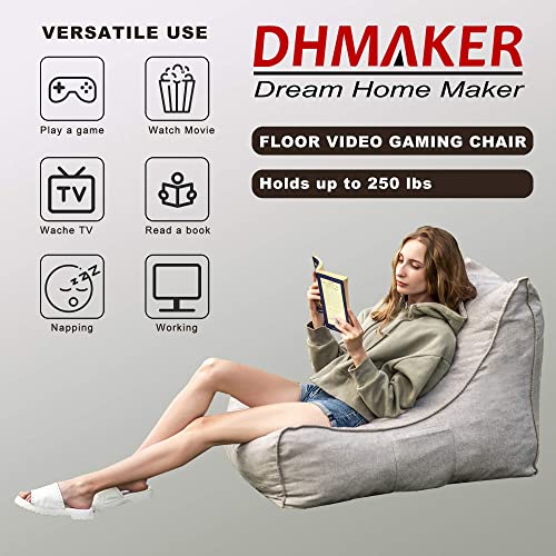 Dhmaker Memory Foam Bean Bag Chair, Shredded Foam Lounge Chair With Soft Cotton & Linen Fabric Cover, With 2 Pockets For Gaming, Reading, Napping, Working- Light Gray #TOP5