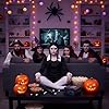 HENBRANDT Adult Women's Scary Daughter Gothic Black Mini Dress Halloween Fancy Dress Costume - Long Sleeve White Collar Spider Detail One Size Fits Most #2