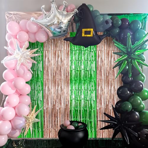 Image of Adorely Foil Fringe Curtains 2 Pcs 3.3x6.6 ft Birthday Party Decorations, Rose Gold Green Foil Fringe Curtains Metallic Streamer, Witch Tinsel Photo Booth Props Backdrops for Witch Birthday Supplies