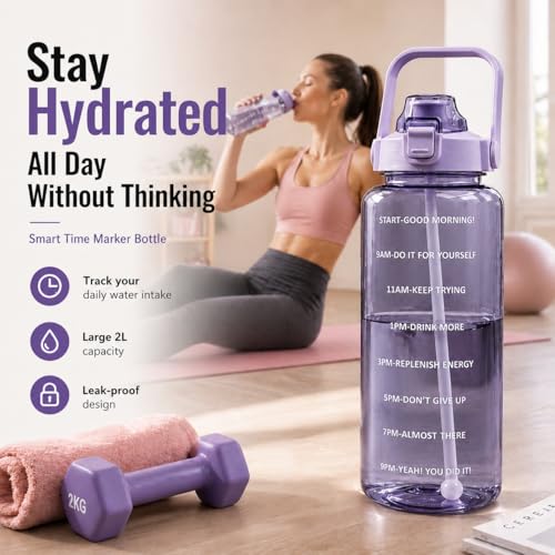 Image of DFIT 2L Transparent Motivational Water Bottle with Motivational Quotes, Time Marker, cute stickers, sippers, Leakproof Durable BPA Free Non-Toxic Plastic Bottle for Fitness, Gym (Purple)