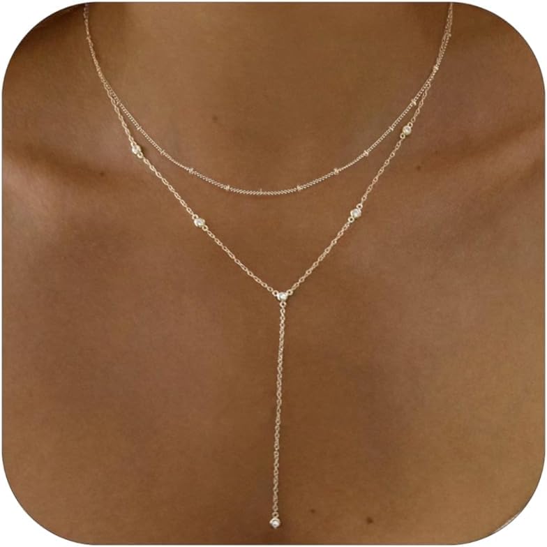 Gold Necklace for Women, Dainty Gold Long Necklaces 14k Gold Plated Prom Lariat Necklace Cute Choker Necklaces for Women Trendy Stuff Fashion Costume Gold Accessories Christmas Jewelry Gifts