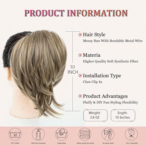 Ponytail Extension Claw Clip Messy Bun Hair Piece Short Ponytail Extension Bendable Metals Wires Synthetic Fake Hair Bun Hair Pieces for Women(86H10/Black Brown with Golden Highlights) - Image 6