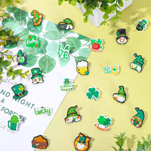 Image of FYSUIMU St. Patrick's Day Pins Green Gnome Shamrock Clover PVC Plastic Brooch Pins for Irish St. Patrick's Day Party Decorations Supplies Goodie Bag Stuffer 24 Pcs
