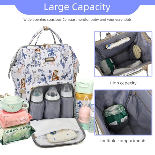 Image of Diaper Bag Backpack, Diaper Bags for Baby Girls Boys, Baby Bags for Moms Dads, Nappy Changing Bag with Insulated Pockets,Multi-functional Waterproof Backpack with Stroller straps-Animal World White