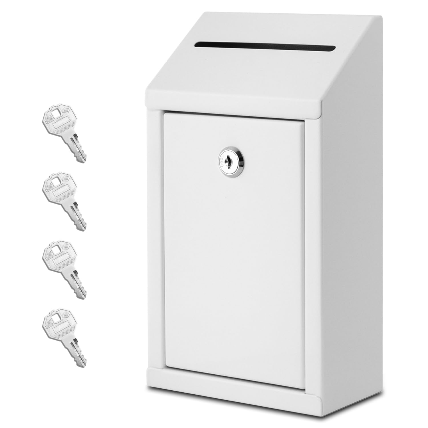 Metal Donation Box with Lock, Wall Mounted, Suggestion Box with 4 Iron Keys, White, Cash Drop Box with Slot, 1-Pack