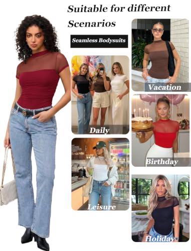Image of Avidlove Women's Short Sleeve Bodysuit Turtle Neck Body Suits Mesh One Piece Leotard Going Out Tops Date Outfits