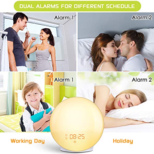 Wake Up Light Sunrise Alarm Clock, 7 Colors Bedside Night Light with Sunrise/Sunset Simulation, Dual Alarms, Snooze Function, FM Radio Clock & 7 Natural Sounds, Ideal Gift for Kids/Adults - Thumbnail 3