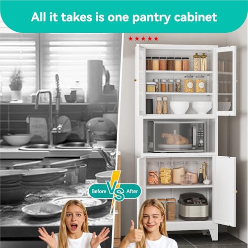 Image of 69 inch Tall Pantry Cabinet with Open Shelf,13.78 inchDeep By 28 inch Wide Storage Cabinet with Glass Doors and Adjustable Shelves,Microwave Stand,for Kitchen Dining Room Bathroom,White,1Pc