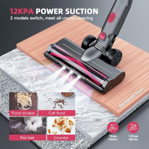 Image of WLOTPO Cordless Vacuum Cleaner for Home, Lightweight Stick Vacuum Cordless Rechargeable with Power Suction, Up to 35 Mins Runtime, Hardwood Floor Vacuum for Pet Hair, Carpets, Tile(Light Red)