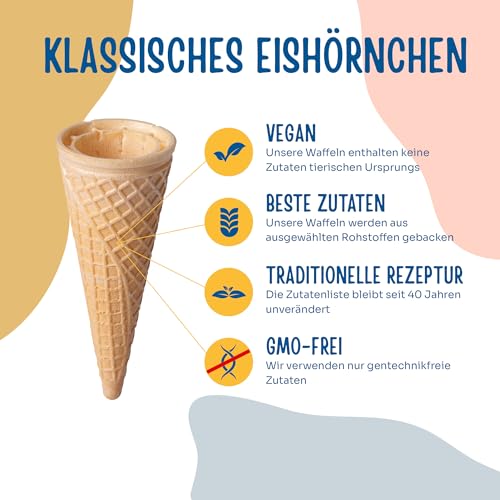 Bazko Klassisches Eishörnchen | halbsüße Eiswaffeln Hörnchen 14,2 cm / 6 cm | 270 Stück | knusprige Eistüten für Softeis, Gelato, Sorbet | vegan