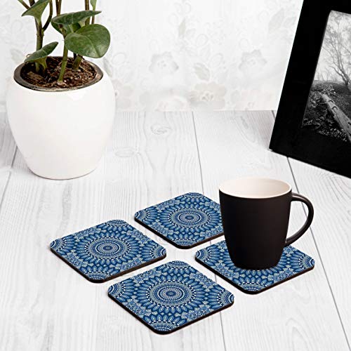 Image of Wooden Coaster Set with Gift Box | Blue Mandala 2 Design | Set of 4 Tabletop Square Coasters 3.75 inch x 3.75 inch | Kitchen Table Wooden Decorative Items | for Cups, Mugs, Cans, Glasses