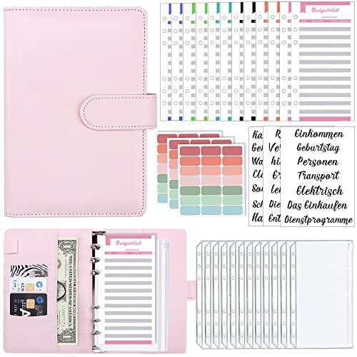 A6 Binder Budget Planner Deutsch,Geld Organizer Budget Planer mit 12 Binder Taschen, 12 Budgetblätter Deutsch, Etikettenaufklebern Sparbuch für Reisen,Tagebuch und Geschenk