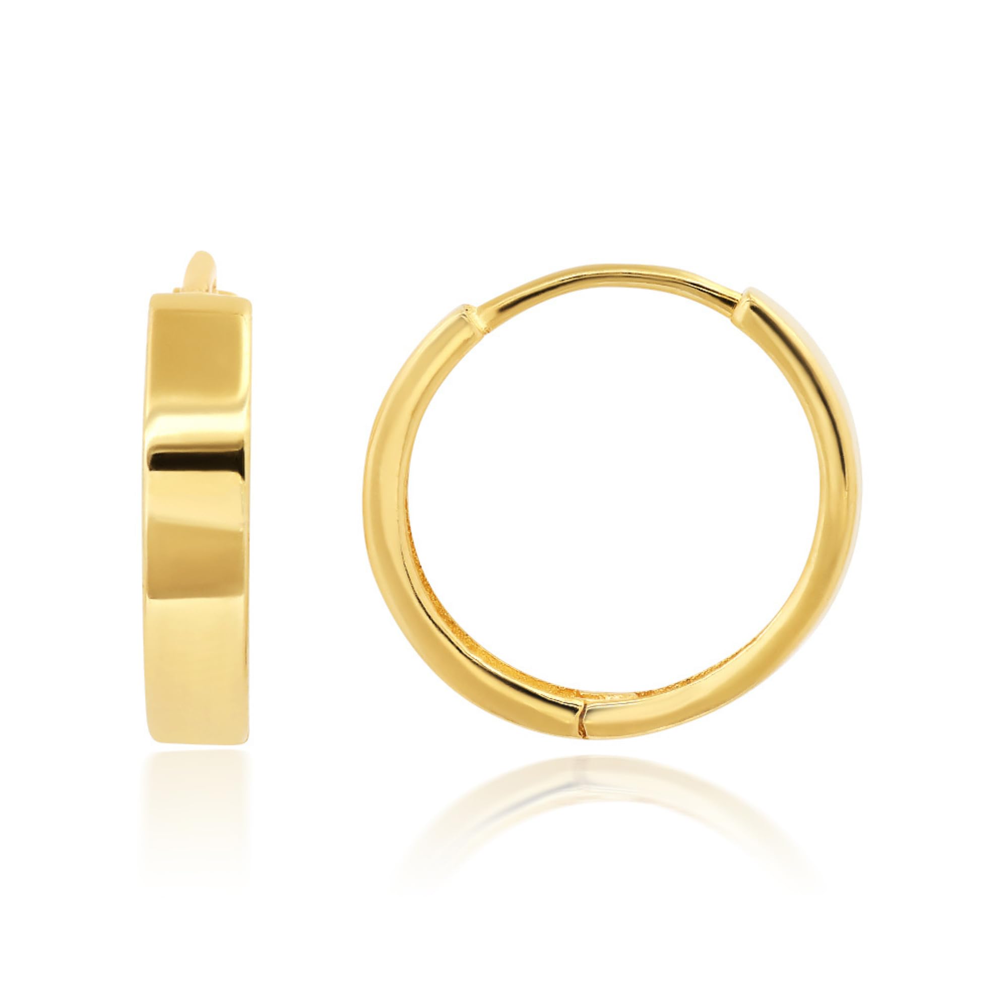 14K Solid Yellow Gold Huggie Earrings | Hypoallergenic Domed or Flat Style Small Hoop Earrings in Sizes 10mm, 12mm & 14mm | Small Gold Hoops by MAX + STONE: Flat Style|12MM