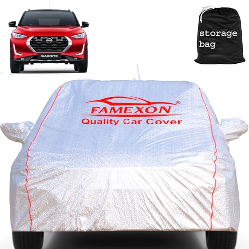 Image of Waterproof Car Cover for Nissan Magnite Car Cover with Mirror and Antena Pocket Triple Stiched(Grey with Red Piping)