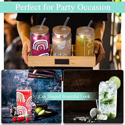 Kaund 4 Pcs Ice Coffee Cup With Bamboo Lids And Glass Straw,16Oz Sublimation Boho Printed Beer Can Glasses,Ideal For Cocktails,Whiskey,Beer,Soda And Gifts (C01-Boho) #TOP4