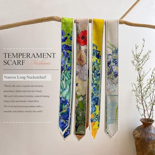 Skinny Silk Scarf Women Narrow Long Neckerchief Fresh Oil Painting Print Satin Headband Headdress Hair Scarf Ribbon2