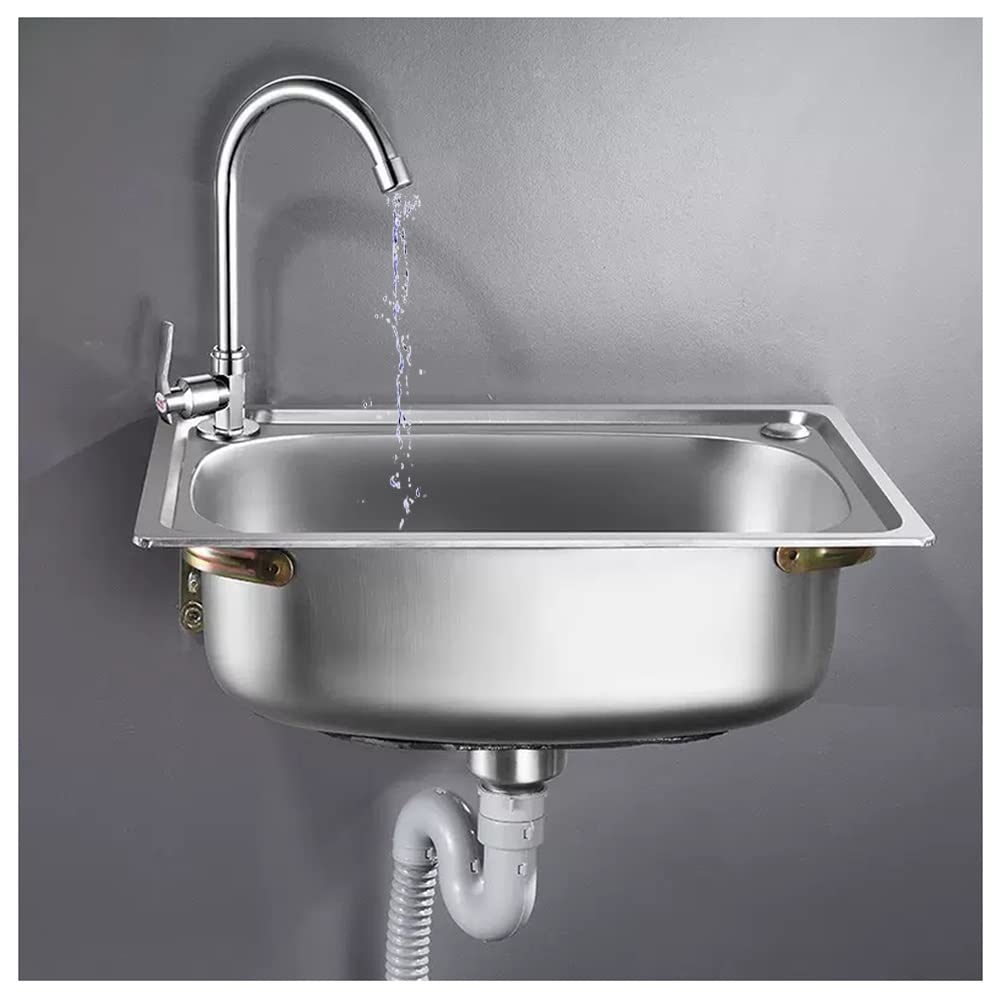 WDSOPK Single Bowl Stainless Steel Sink for Washing with Faucet - Commercial Wall Mount Hand Basin for Restaurant, Kitchen and Home (Silver 68x45cm)