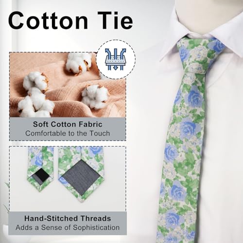 Image of Luckyvestir Mens Ties, Sage /Dusty Blue /Pink Floral Ties for Men, 2.76 inch Cotton Flower Necktie for Wedding /Groomsmen /Party