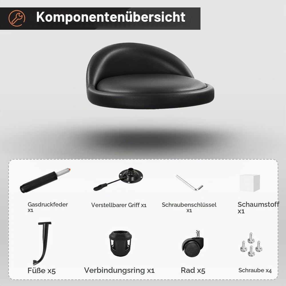 KKTONER Rollhocker Arbeitshocker höhenverstellbarer 47-62cm Schwarz