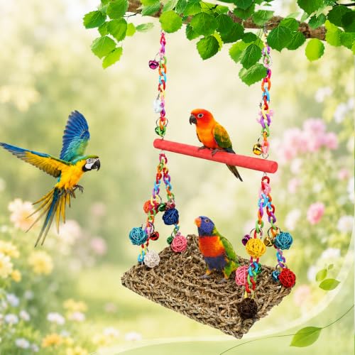 Image of Bird Swing Mat with Wood Perch, AHIER Seagrass Bird Hammock for Conures with Chewing Toy for Parakeets, Budgie, Cockatiel Cage Accessories (Rose-Pink Pole)
